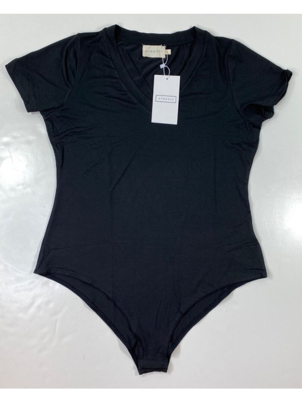 Ninexis Womens Bodysuit Black V-Neck Short Sleeve Lightweight Stretchy Size L